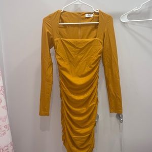 yellow scrunched bodycon dress